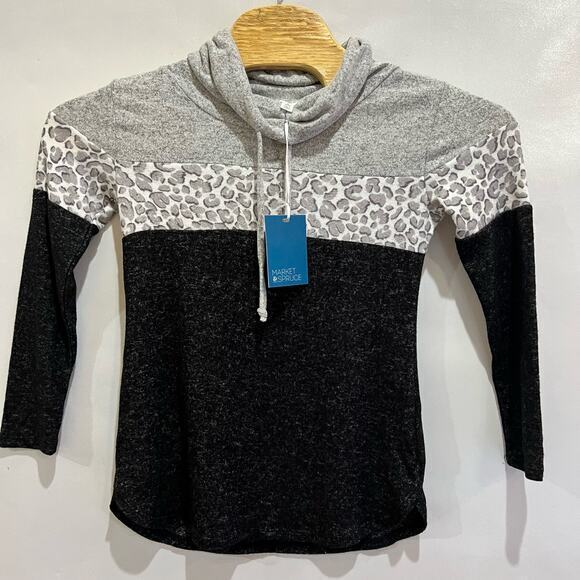 Market & Spruce‎ Cowl Neck Pullover Leopard Print Color Block Top XS - Picture 1 of 4